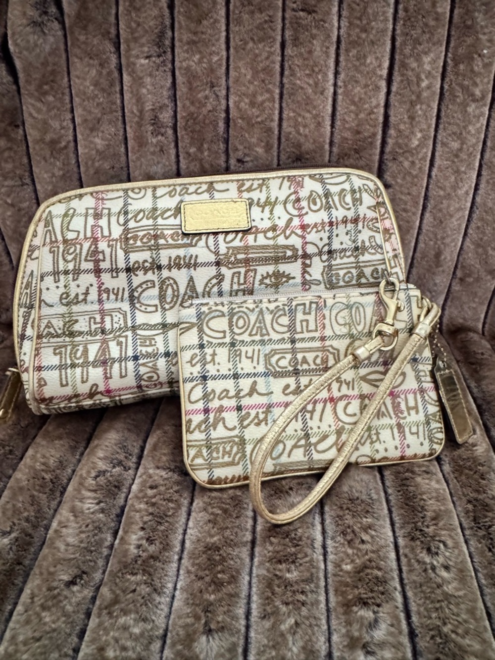 Coach Cream Multi Signature Script Cosmetic Bag & Wristlet Set